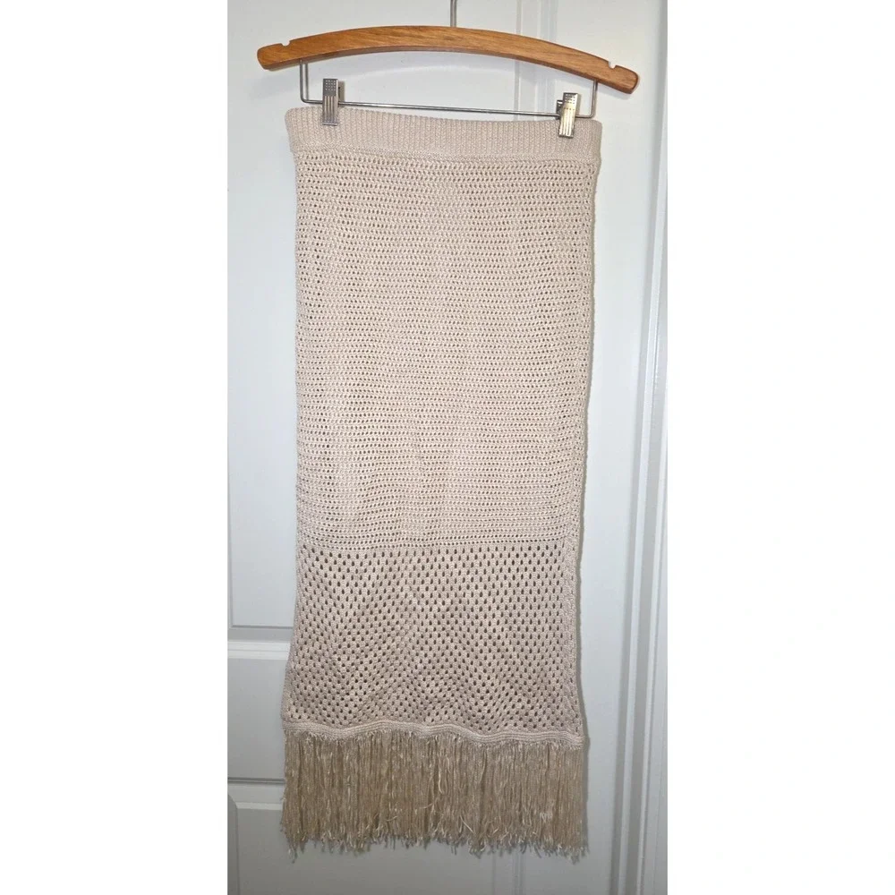 House of Harlow 1960 Skirt Crochet Knit Fringe Lined Size‎ S Boho Festival Tan